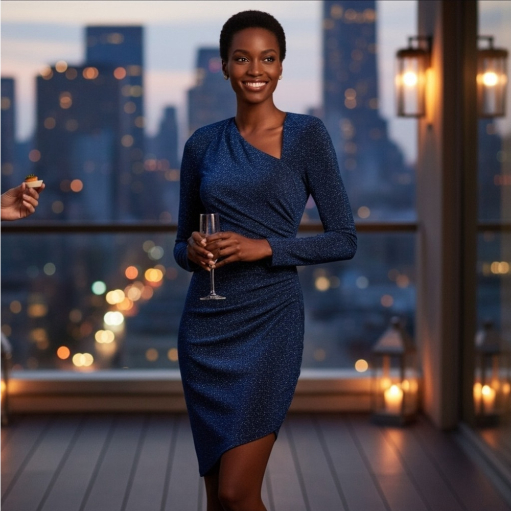 AQUA Women's Asymmetrical Blue Multi Glitter Formal Cocktail Event Dress SMALL